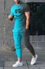 Sommer-Sportbekleidung für Herren, kurzärmelig, T-Shirt-Hose mit Joogers-Ärmeln, 2-teiliges Set, 3D-Druck, übergroße Streetwear, 230711
