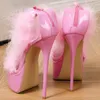 Women 395 Sandals Pink Faux Fur Thin High Heels 2024 Fashion Open Toe Platform Wedding Party Stripper Shoes Sandalias De Muje 25