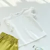 Conjuntos de roupas para meninas verão camiseta de manga curta com shorts de cintura de botão de flor conjunto de duas peças terno de cor doce