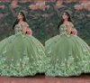 فساتين 2023 متواضعة حكيم خضراء quinceanera فساتين الوردي 3D الزهور الزهور الدانتيل الدانتيل زينة الكرة الأميرة الحلوة 16 Girls Party Graduatio