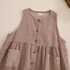 Vestidos casuais vintage xadrez em torno do pescoço de algodão vestido de linho mulheres soltas empilhadas cardigan bolsos quatro estações colete colete marrom cáqui