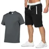 Algodão-cânhamo verão duas peças conjunto masculino manga curta t camisa cortada topo shorts treino masculino design moda axz 240108