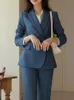 Женский повседневный винтажный формальный брючный костюм, блейзер с грудью, однотонные элегантные брюки, комплект из 2 предметов, женские деловые брюки, наряды 240109