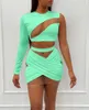 Malha retalhos sheer sexy clube outfits para mulheres vestido ternos um ombro colheita superior e bandagem mini saia define 2 peça conjunto festa 240109