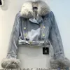 Women Imitation Fur Collar Spliced Denim Coat Thickened Plush Inner Jeans Jacket Short Turn Down Cardigan Belted Tops 240108