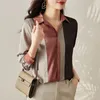 Blusas de mujer, blusa con botones de satén para mujer, camisa Vintage de manga larga con cuello tipo Polo, Tops holgados elegantes de gran tamaño, ropa OL