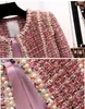 Autumn High Quality Women 2 Piece Set Tweed Short Jacket Coatbeading Vest Dress Elegant Fashion Party Dresses Set 240109