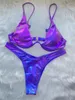 Sexy Driehoek Bikini holografische Blauwe Push Up Extreme Thong Badmode Braziliaanse Bandage Badpak Badpak Micro Biquini 240109