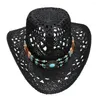 Bérets papier corde Cowboy chapeau creux Vintage perles décoration paille Western parasol casquette plage soleil chapeaux Cowgirl tissé hommes