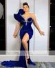 Sexy Velvet Mermaid Prom Dresses Side Split Ruffles Chic Royal Blue Special Occasion Dress Sweetheart Neck Lace Appliques Corset Slim Formal Evening Gowns For Women