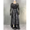 Etniska kläder 2024 Fashion Women Black Evening Party Dress Elegant Vintage Patchwork Belted Mesh spets maxi klänning Dubai Ramadan Abaya Kaftan