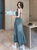 Casual Jurken Mode Zomer Y2K Denim Lange Jurk Voor Vrouwen Lady Vintage Sexy Borst Wikkelen Wrap Hip Maxi Party Mujer vestidos Straat