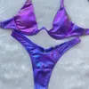 Sexy Triangel-Bikini, holografisch, blau, Push-Up-Extrem-Tanga-Badebekleidung, brasilianischer Verband-Badeanzug, Badeanzug, Mikro-Biquini 240109