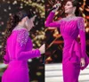 드레스 무슬림 Fuschia Mermaid Evening Dress 2023 High Neck Beaded 긴 소매 바닥 길이 여성 무도회 파티 가운 Abendkleider Robes DE