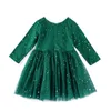 Vestidos de niña Girlymax Invierno Navidad Bebés Niñas Niños Ropa para niños Vestido Lentejuelas verdes Giro Hasta la rodilla Falda tutú Manga larga