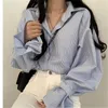 Women's Polos Spring Lantern Sleeve Blue Stripe Shirt Camisas Blusas Mujer Loose Casual Black Top Clothing Blouses Office Lady Shirts