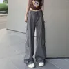 Damenhose Damen Hellweiß Cargo Streetwear Y2k Große Tasche Patchwork Lässige Fallschirmhose Kordelzug Niedrige Taille Baggy Pantalone