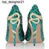 Nieuwe 24ss Designer-Groene Strass slangenhak jurk schoenen dames unieke lederen puntige teen hoge hakken pumps chaussures femme dames Hoge Hak