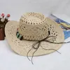 Bérets papier corde Cowboy chapeau creux Vintage perles décoration paille Western parasol casquette plage soleil chapeaux Cowgirl tissé hommes