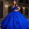 Klänningar Royal Blue Quinceanera klänningar för söta 15 -åriga promklänningar från axeln paljett 3D Flower Birthday Party Dress
