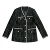 Zawfl Luxury Designer Brand Wool Blends Coat for Women Fashion Black Vintage V-Neck Plaid Wide Waisted Tweed Coat S-XXL 240109
