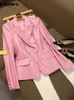 lautaro 스프링 세련된 짧은 핑크색 소프트 PU 가죽 블레이저 긴 소매 슬림 한 슬림 한 럭셔리 재킷 우아한 패션 5xL 240108