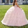 Vestido de fiesta rosa de lujo Vestidos de quinceañera 2024 Cuentas de cristal Tull Volantes escalonados Vestidos mexicanos dulces 16 Vestidos de 15 años con cordones