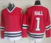 Vintage Glenn Hall Hockey-Trikots Herren #1 genähte Hemden Blau Weiß Rot Klassisches Eistrikot 34