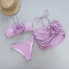 ARXIPA Maillot de bain trois pièces sexy bikini pour femme - Fleur 3D - Bandage - Rembourré - Push-up - Bandeau - String uni - Violet - 3 pièces