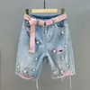 Skirts 2023 Summer Denim Shorts Women Beading Fashion Ripped Jeans Casual Loose High Waist Knee Length Short Pants Female