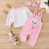 Kledingsets Babymeisje 3-delige set Ronde hals Lange mouw Tops Patch Borduren Overalls Hoofdband Baby Peuter Paasoutfit