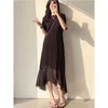 Party Kleider 2024 Sommer Koreanische Mode Patchwork Einfarbig Netto Garn Oansatz Kurzarm Midi Kleid Femme Lose Beiläufige Unregelmäßige