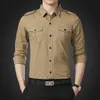 Military Style Men's Youth Long Sleeved Slim Fitting Workwear Shirt, Pure Cotton Breathable Strap Shoulder Badge, Multi Bag Shirt