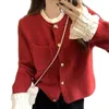 Women's Knits Spring Autumn Ruffle Collar Wool Knitted Sweater Women Pearl Lace Patchwork Knit Cardigan Love Button Pocket Jumper Jacket