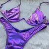 Sexy Triangel-Bikini, holografisch, blau, Push-Up-Extrem-Tanga-Badebekleidung, brasilianischer Verband-Badeanzug, Badeanzug, Mikro-Biquini 240109