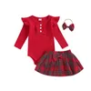 Ensembles de vêtements Pudcoco infantile né bébé filles automne tenues à manches longues barboteuse jupe à carreaux bandeau ensemble vêtements