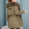 Damen-Trenchmäntel, Daunen-Baumwolljacke, 2024 Winter, Damen, Plüschkragen, mittellanger Mantel, modisch, lässig, warme Taschen-Outwear