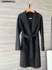 Maxmaras Coat Luxury fashionable Wool Overcoat M Jia Qiao Xin Same Style Lilia Water Wave Pattern Double sided Cashmere Oat Classic Slim Fit Mid length Lace up1KCP