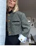 Rétro mode veste printemps femmes vêtements design sens col montant équestre français tweed manteau court femmes 240109