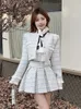 Autumn Winter Small Fragrance Tweed Two Piece Set Women Sweet Beading Woolen Jackets Pleated Skirt Suits Female Outfits 240109