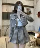 Temperament Matching Sets Retro O Tweed Plaid Jacket Short Long Sleeve Cardigan Slim Top Mini Houndstooth Pleated Skirt Chic 240109