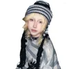 Berets 50JB Winter Knitted Striped Earflap Hat Cold Weather Harajuku Star Strap Tassels Braid Skullie Cap Streetwear