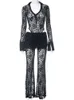 Fantoye Stampa floreale vedere attraverso pizzo donna Pantalone nero manica lunga vita alta pantalone femminile autunno casual due pezzi 240108