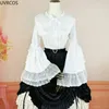 Damenblusen, japanischer Gothic-Lolita-Stil, Hemden, Damen, Vintage, elegante Spitze, Stickerei, Rüschenkragen, schlanke Oberteile, viktorianische Flare-Ärmel