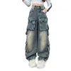 Big Girls Street Dance Jazz Jeans Kids Hip Hop Kieszonkowy dżinsowe spodnie 2024 Spring Teenagers Loose Cowboy Wide-Lands Spodni Z6591