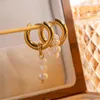 Kolczyki stadninowe anenjery 316L imitacja stali nierdzewnej Pearl Drop Hoop dla kobiet podwójnie koło biżuterii