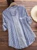 Women's Spring Fall Cotton Linen Long Sleeves Roll Up Striped Casual V Neck Button Down Shirts Blouses Collar Tunic Tops 240109