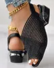 Sandaler Kvinnor Peep Toe Slingback Chunky hälen med låg klackskor damer sommarpumpar höga klackar