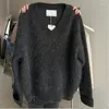 Kvinnors tröjor limiguyue vinterhöst retro tjock V-ringning ull kassamere mink tröja långärmad grå mohair knit pullover kvinnor stickor