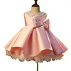 Girl Dresses Pink Satin Flower For Wedding Baby Pearls Puffy With Bow Cute Party Kids Pageant Birthday Ball Gowns Dress